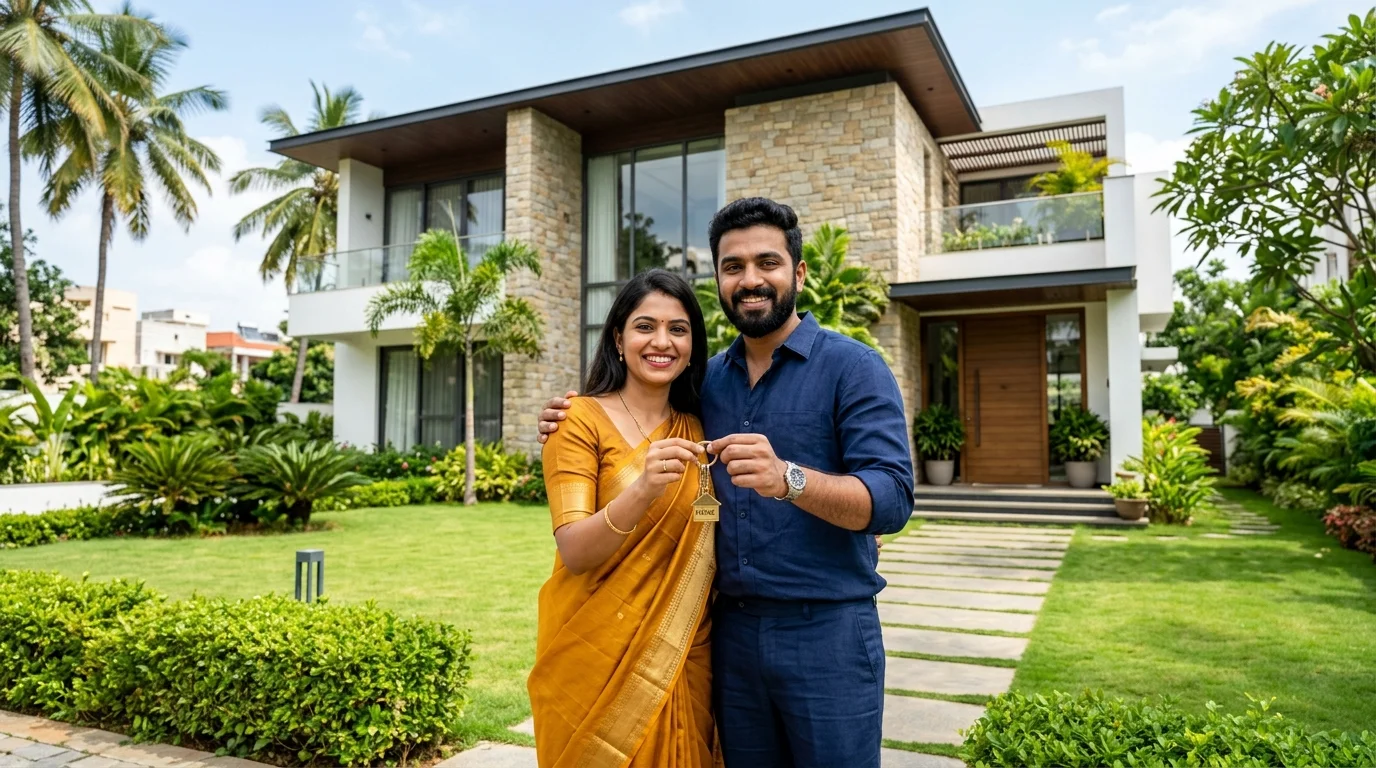 Happy Indian family in front of new luxury house in Bengaluru