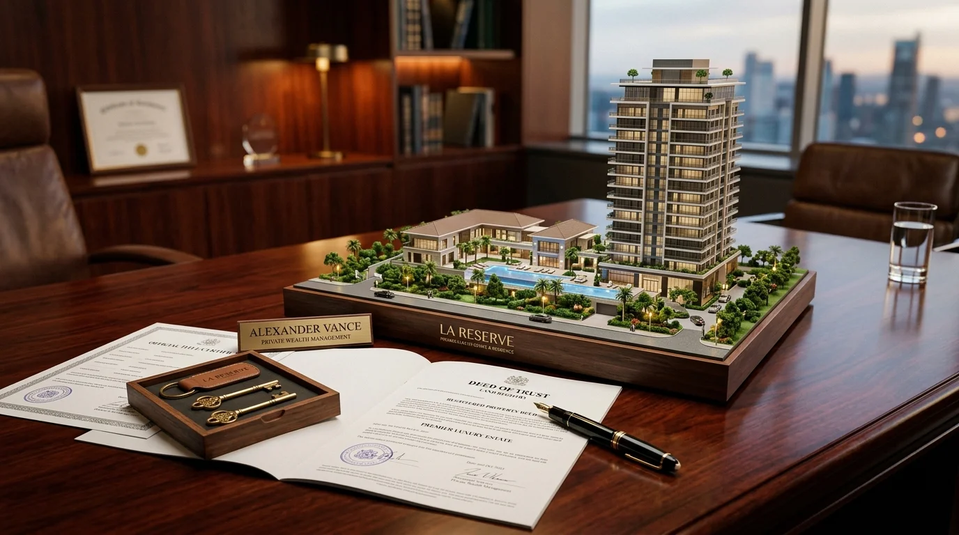 Architectural property model and registered deed on executive mahogany desk