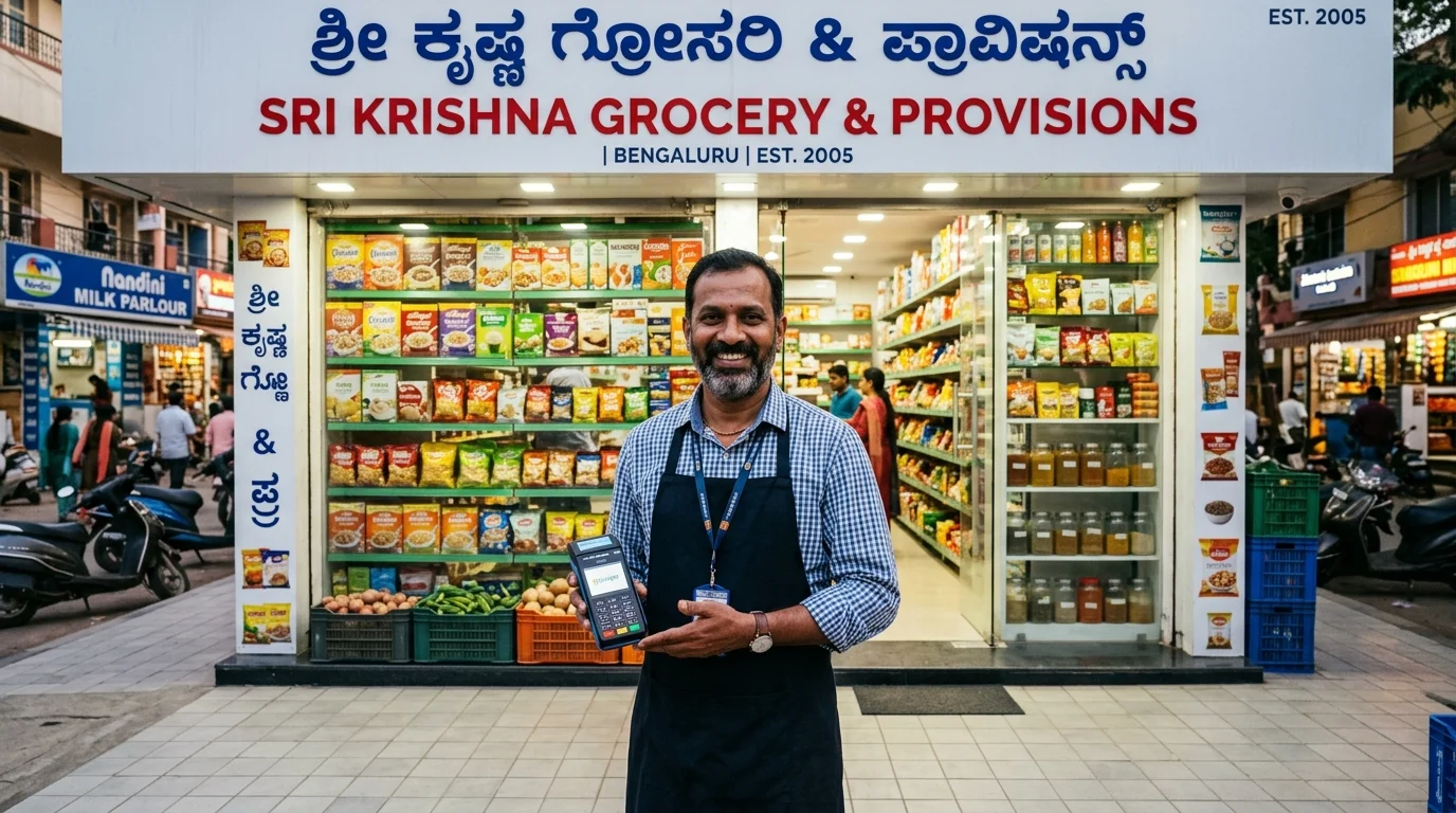 Cheerful Bengaluru retail store owner smiling with payment terminal