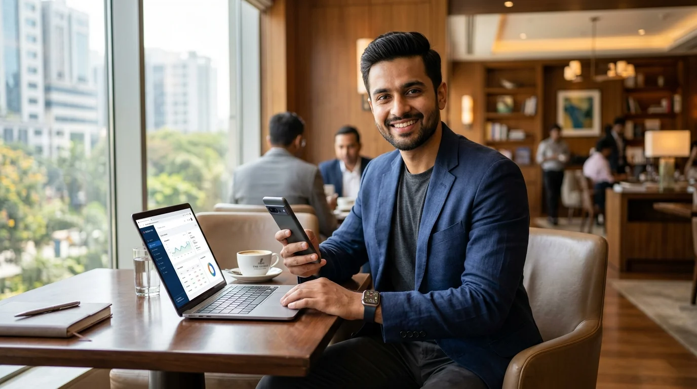 Young Indian professional smiling with laptop and smartphone